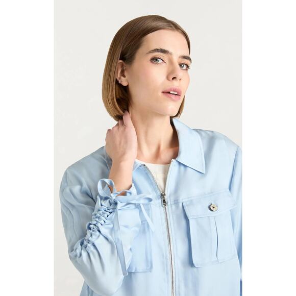 CINQ A SEPT Dale Ruched Sleeve Cupro Blue Satin Jacket - Picture 4 of 9